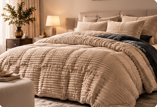 Beige NOTABLU ribbed dekbedovertrek met bijpassende kussens en grijze fleece-achterkant