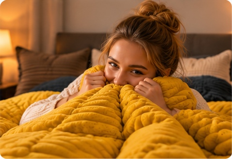 Voorbeeldfoto: vrouw houdt het zachte mosterdgele NOTABLU fleece dekbedovertrek vast