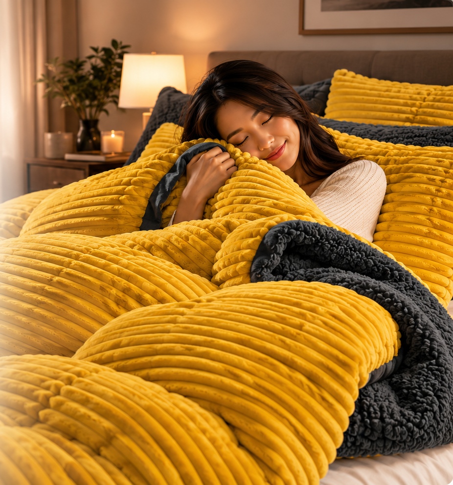 Vrouw ontspant onder een geel ribbed fleece dekbedovertrek met donkergrijze fleece binnenkant in een warm verlichte slaapkamer
