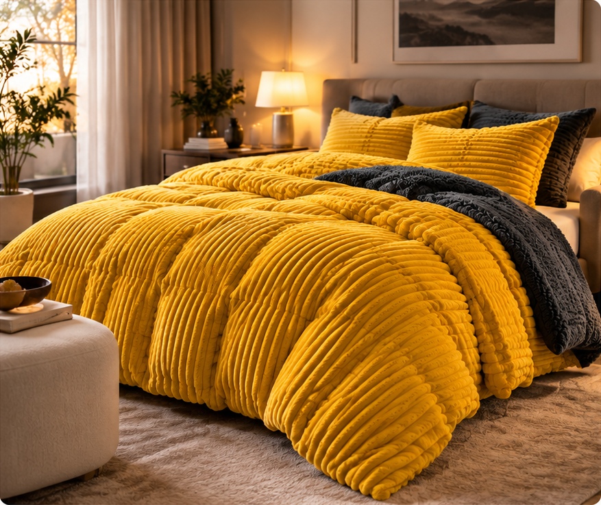 Mosterdgeel NOTABLU ribbed dekbedovertrek met bijpassende kussens en donkergrijze fleece in een warm verlichte slaapkamer