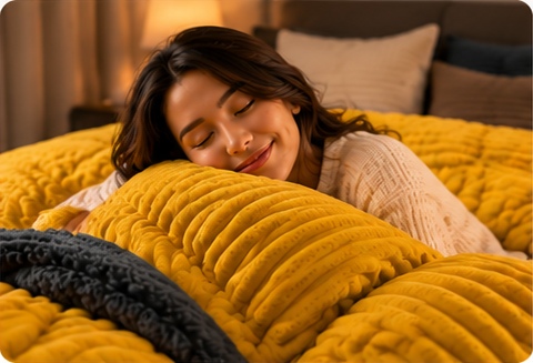 Voorbeeldfoto: vrouw rust op het mosterdgele NOTABLU ribbed fleece dekbedovertrek