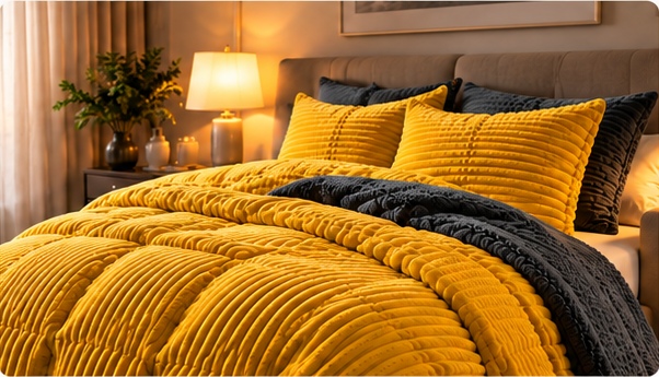 Warm verlichte slaapkamer met mosterdgele NOTABLU ribbed duvet, bijpassende kussens en donkergrijze fleece-achterkant